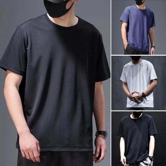 Songmeijuan Men Summer T-shirt Solid Color Ice Silk Thin Mesh Quick Dry Mid Length O Neck Short Sleeves Soft Breathable Pullover Sports Top