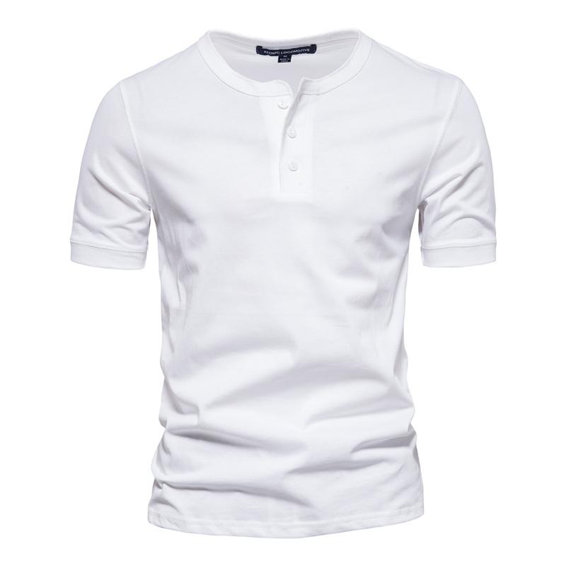Lucky Black Cat 100% Cotton Henley Collar T Shirt Men Casual High Quality Summer Short Sleeve Mens T Shirts Fashion Basic T-shirt For Men