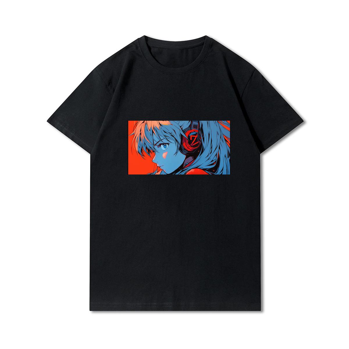 FT T Shirts Plus Size S-3XL Evangelion Printed Men T Shirts Round Neck Cotton Tops Summer Anime Casual Black Tees