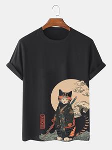 ChArmkpR Mens Japanese Wave Cat Print Crew Neck Short Sleeve T-Shirts