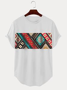 ChArmkpR Mens Ethnic Geometric Print Curved Hem Short Sleeve T-Shirts Winter