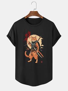 ChArmkpR Mens Japanese Warrior Cat Print Curved Hem Short Sleeve T-Shirts Winter