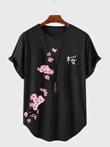 ChArmkpR Mens Japanese Cherry Blossoms Print Crew Neck Curved Hem Short Sleeve T-Shirts