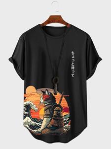 ChArmkpR Mens Japanese Cat Print Curved Hem Short Sleeve T-Shirts