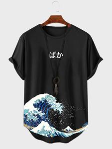 ChArmkpR Mens Japanese Ukiyoe Print Curved Hem Short Sleeve T-Shirts