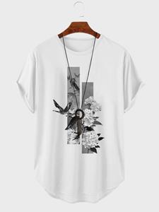 ChArmkpR Mens Chinese Floral Bird Print Curved Hem Short Sleeve T-Shirts