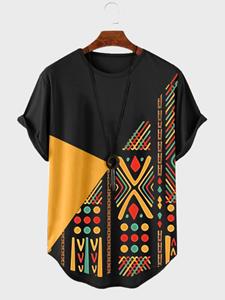 ChArmkpR Mens Ethnic Geometric Print Crew Neck Curved Hem Short Sleeve T-Shirts