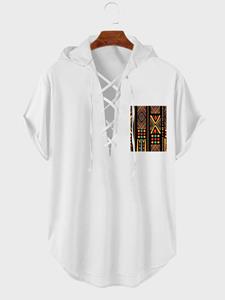 ChArmkpR Mens Ethnic Geometric Print Lace-Up Curved Hem Hooded T-Shirts