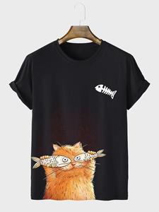 ChArmkpR Mens Cartoon Cat & Fish Print Crew Neck Short Sleeve T-Shirts