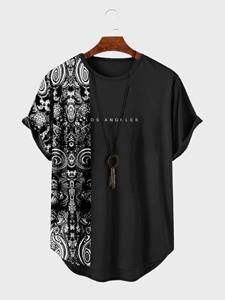 ChArmkpR Mens Ethnic Print Patchwork Curved Hem Short Sleeve T-Shirts