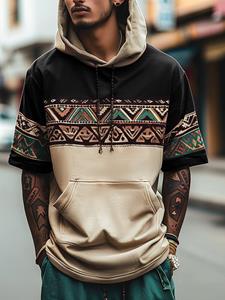 ChArmkpR Mens Ethnic Geometric Pattern Patchwork Hooded Short Sleeve T-Shirts