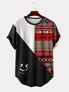 ChArmkpR Mens Smile Geometric Ethnic Pattern Curved Hem Short Sleeve T-Shirts