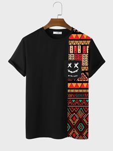 ChArmkpR Mens Smile Ethnic Geometric Print Patchwork Short Sleeve T-Shirts