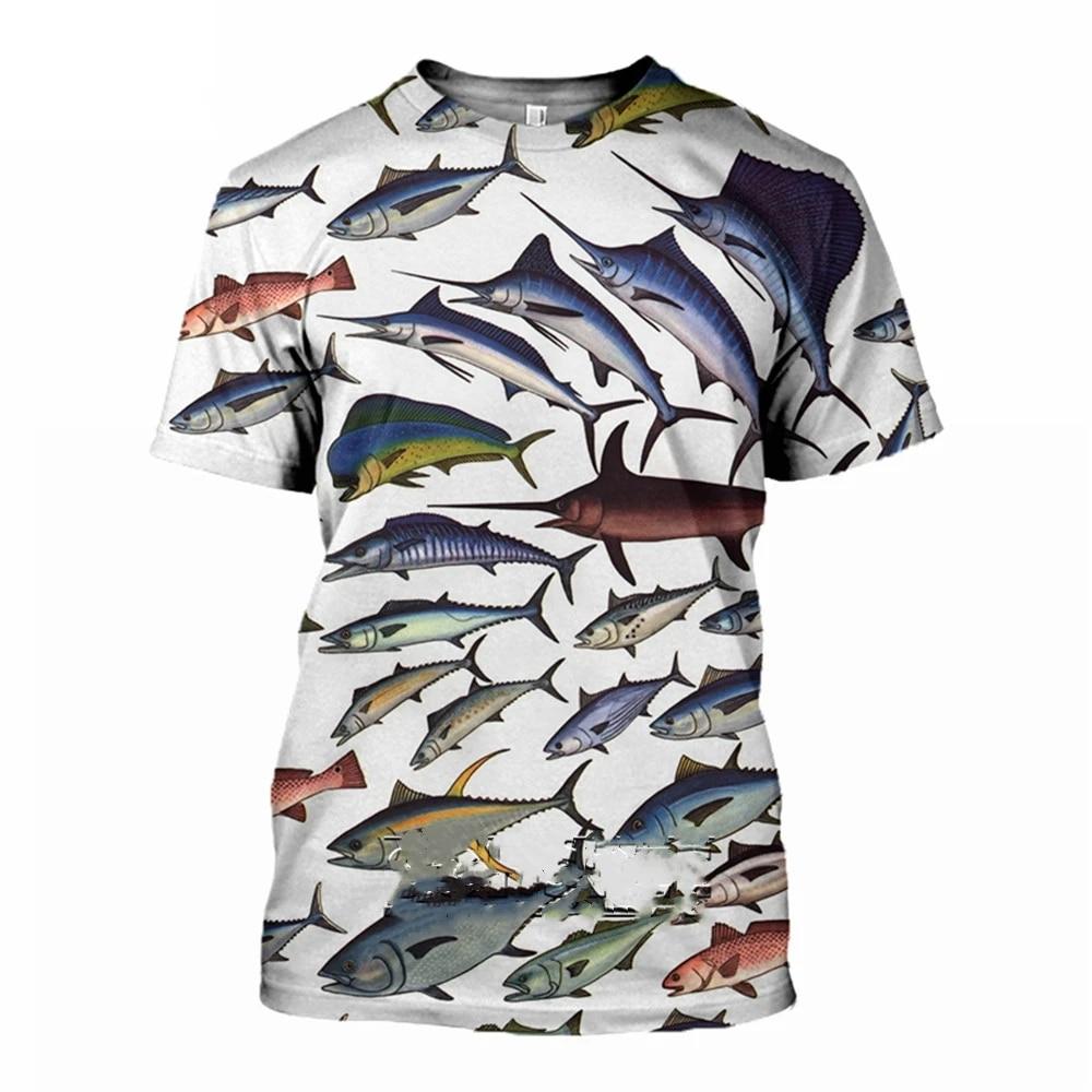 Kukebang Tuna Pattern 3d Printed Men's Summer Short Sleeve Fishing T-Shirt Ocean Fish Personality Fashion Trend Casual Hip Hop Loose Top
