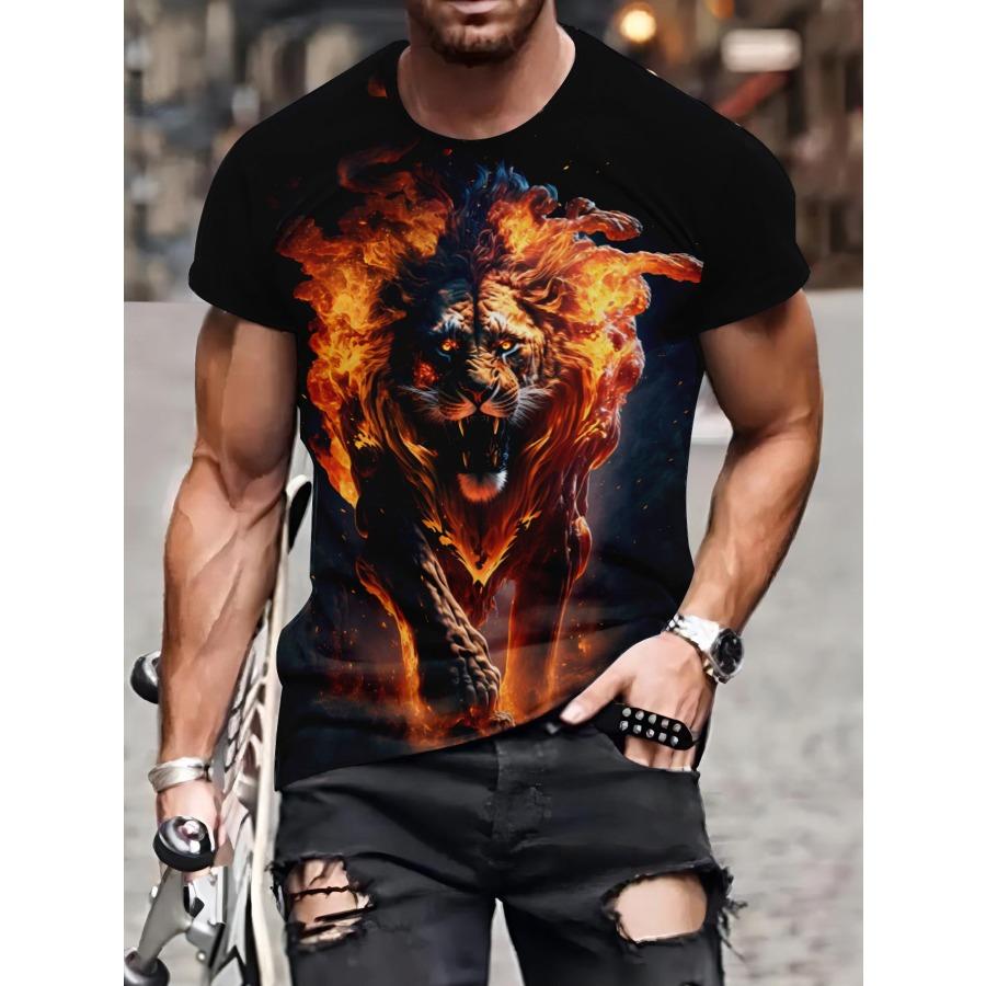 HerSight Short Sleeve Plus Size Summer Tee Men Outfit Fire Lion 3d Print T Shirts Mens Casual Sportwear T Shirt Male