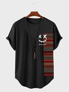 ChArmkpR Mens Smile Ethnic Geometric Print Patchwork Curved Hem Short Sleeve T-Shirts