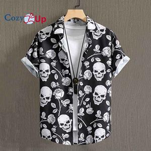 Cozy Up Summer Shirt Men's Clothing Short Sleeve Casual Shirts For Men Blouse Black Rose Skull Vintage Style New