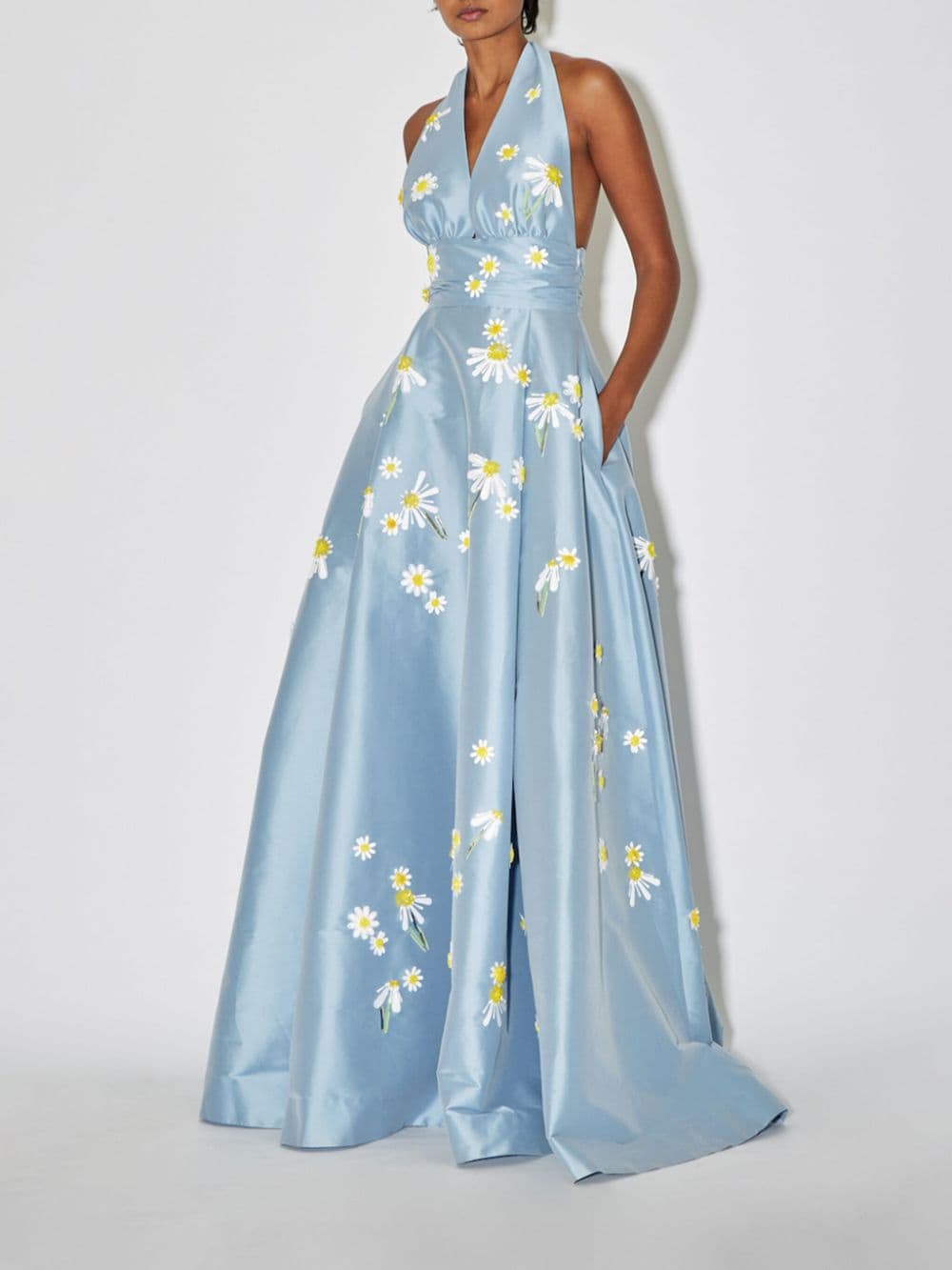 Bernadette Monroe jurk met geborduurde bloemen en halternek - Blauw