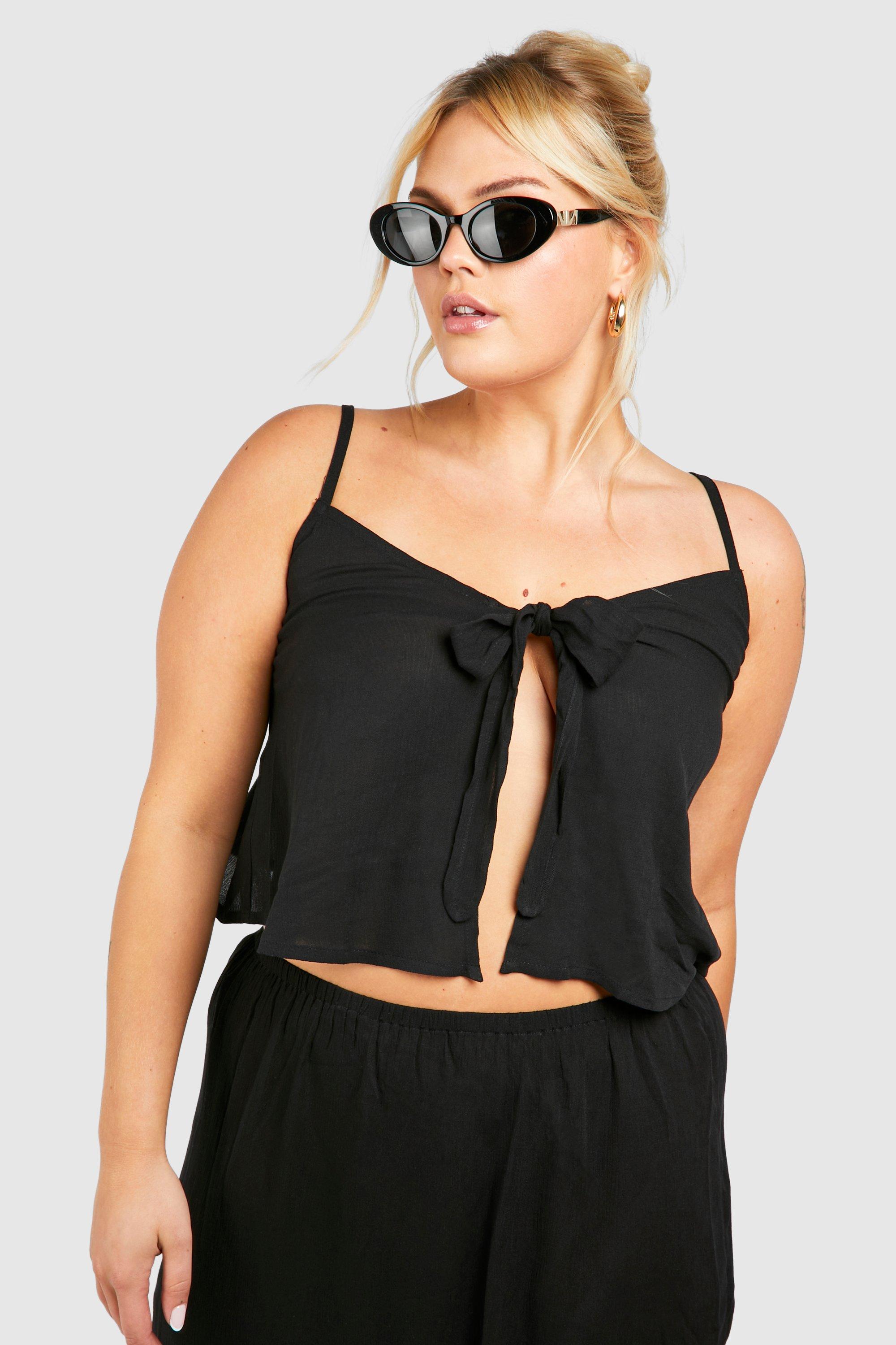 Boohoo Plus Cheesecloth Tie Front Top, Black