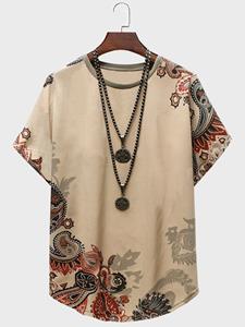 ChArmkpR Mens Ethnic Floral Print Crew Neck Curved Hem Short Sleeve T-Shirts