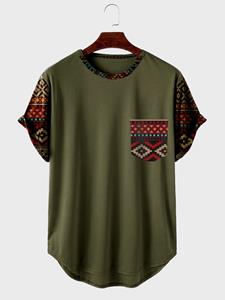 ChArmkpR Mens Ethnic Geometric Print Patchwork Chest Pocket Curved Hem T-Shirts