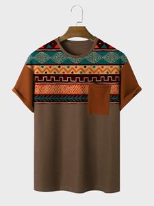 ChArmkpR Mens Ethnic Geometric Print Chest Pocket Patchwork Short Sleeve T-Shirts