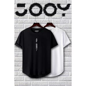 Santra Sports Wear Vertical Printed Black And White Oval Cut Slim Fit T-shirt Set Of 2