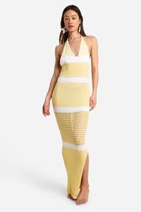 Boohoo Tall Crochet Beach Halterneck Stripe Maxi Dress, Lemon