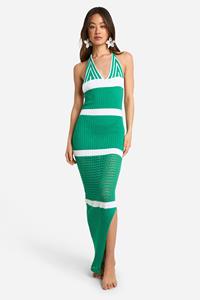 Boohoo Tall Crochet Beach Halterneck Stripe Maxi Dress, Green
