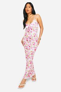 Boohoo Petite Lace Tie Front Floral Maxi Dress, Pink