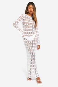 Boohoo Chevron Pointelle Lace Up Back Detail Knitted Maxi Dress, White