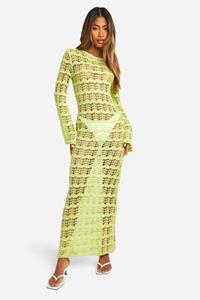 Boohoo Chevron Pointelle Lace Up Back Detail Knitted Maxi Dress, Lime