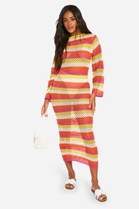 Boohoo Stripe Crochet Scoop Maxi Knitted Maxi Dress, Pink