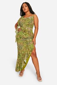 Boohoo Plus Snake Print Ruffle Maxi Dress, Green
