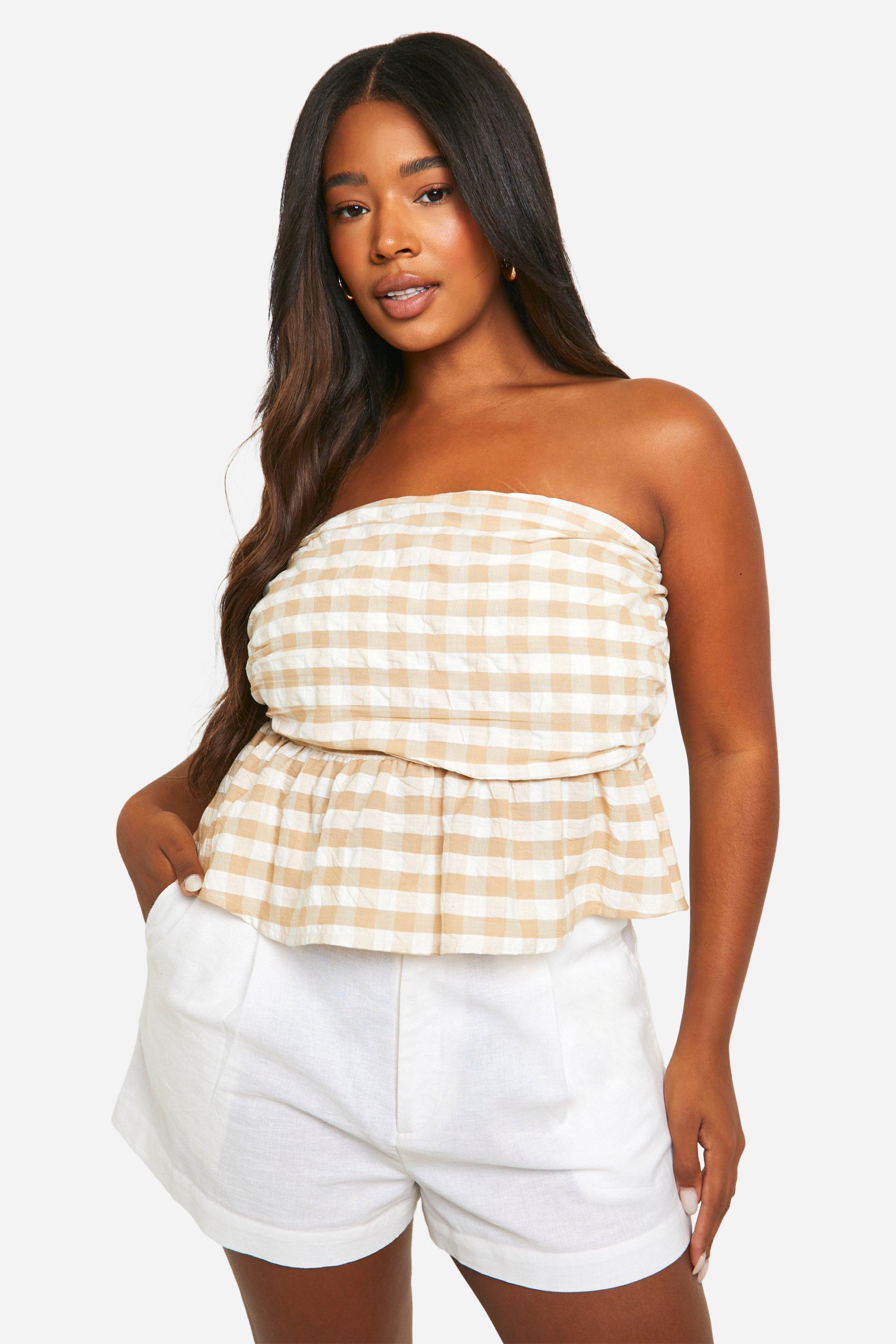 Boohoo Plus Gingham Ruched Bandeau Top, Stone