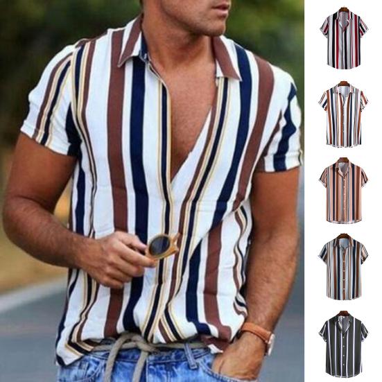Selling Clothing Men Shirt Stripe Print Single Breasted Short Sleeve Hawaiian Style Male Striped Blouse Shirt for Shopping