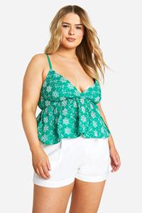 Boohoo Plus Broderie Peplum Top Met Contrasterende Bandjes, Green