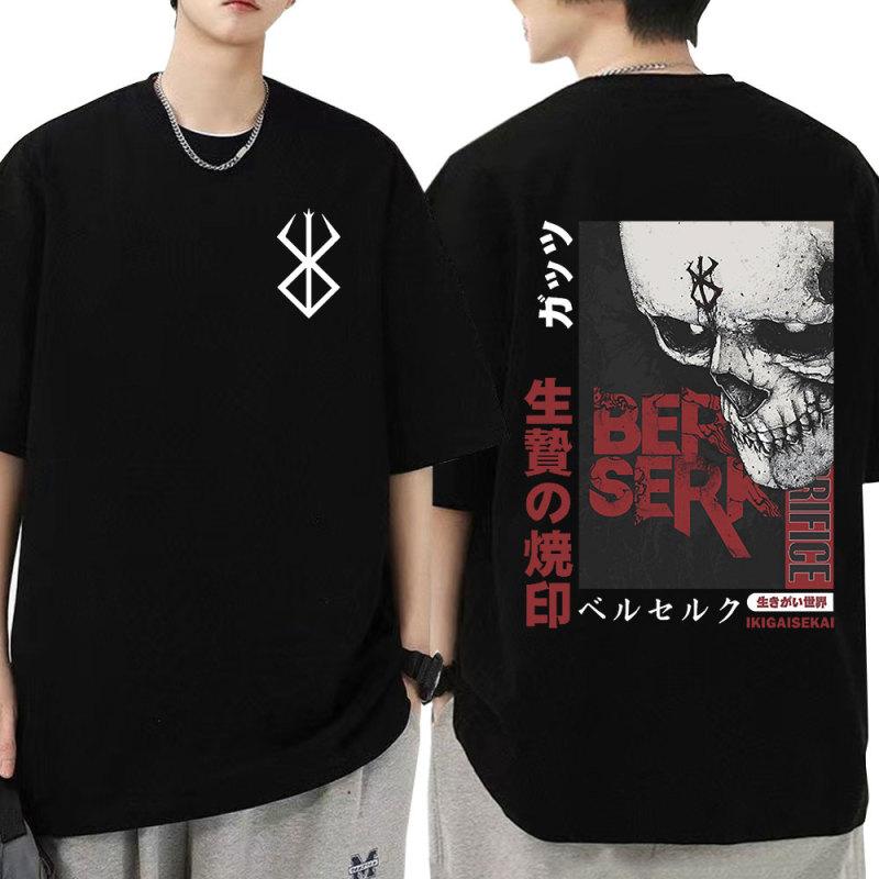 TENJINGE Trendy Anime Berserk Guts Grafische Print T-shirt Zwaardvechter Casca Merk van Opoffering Zodd T-shirts mannen Katoen Casual oversized T-shirts