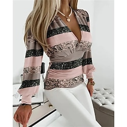 Light in the box Dames Overhemd Blouse Kleurenblok Afdrukken Casual Modieus Lange mouw V-hals Blozend Roze Lente Herfst