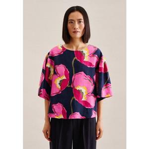 seidensticker Shirtblouse Zwarte roos Korte mouwen ronde hals in bloemmotief