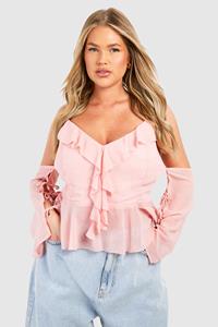 Boohoo Plus Peplum Top Met Uitgesneden Schouders En Ruches, Dusky Pink