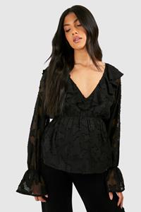 Boohoo Zwangerschap Jacquard Bloemen Peplum Top Met Franjes, Black