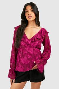 Boohoo Zwangerschap Jacquard Bloemen Peplum Top Met Franjes, Hot Pink