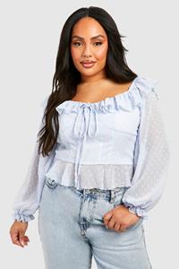 Boohoo Plus Dobby Peplum Top Met Ruches En Uitgesneden Hals, Powder Blue