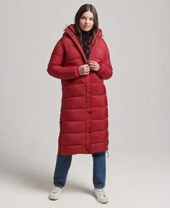 Superdry Female Lange Pufferjas van Imitatiebont met Capuchon Rood