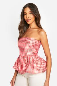 Boohoo Woven Puff Ball Gingham Peplum Top, Gingham