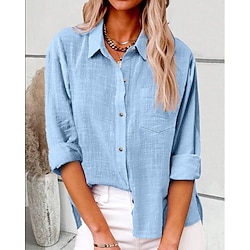 Light in the box Dames Overhemd Blouse Lange katoenen topjes Witte katoenen top Linnen nappi Zak Casual Modieus Neon en helder Lange mouw Overhemdkraag Zwart Lente Herfst