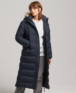 Superdry Female Lange Pufferjas van Imitatiebont met Capuchon Blauw