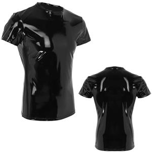 IEFiEL Wetlook T-shirt van PVC-leer voor heren, korte mouwen, gespierde tops, ondershirt, danskleding, clubwear