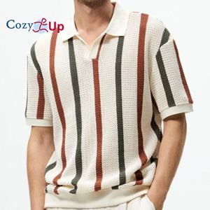 Cozy  Up Cozy Up Casual Knit Polos Sweater Shirts for Men Summer Fashion Short Sleeve Striped Pullover T Shirts with Button